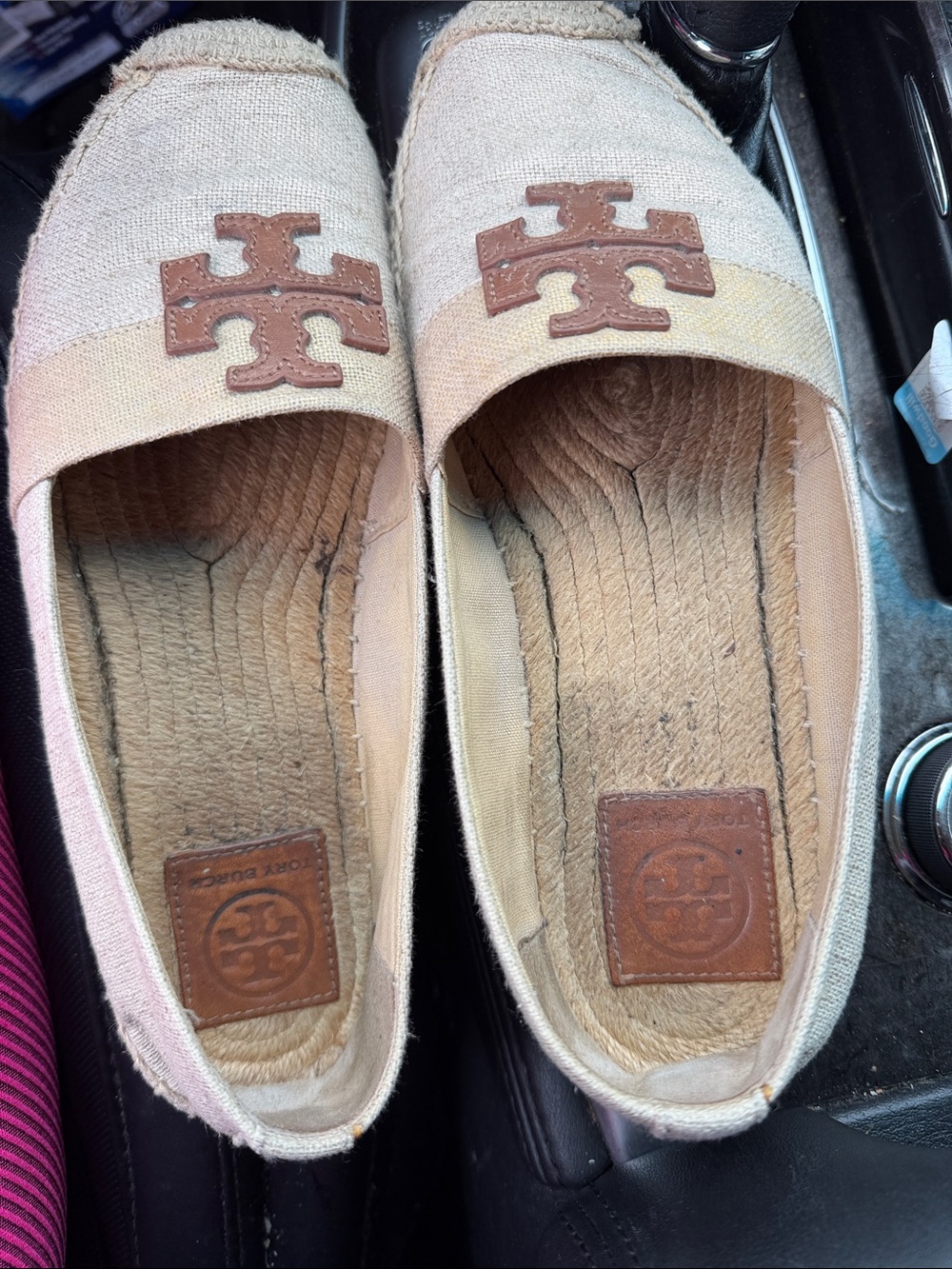 Tory Burch Beige Canvas Espadrille Flats with Brown Logo Accent